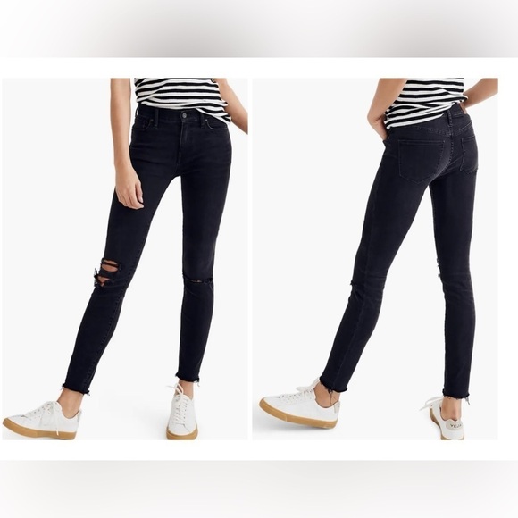 Madewell 9" High-Rise Skinny Black Raw Hem Vintage Faded Distressed Knees Sz 26 - Picture 1 of 15